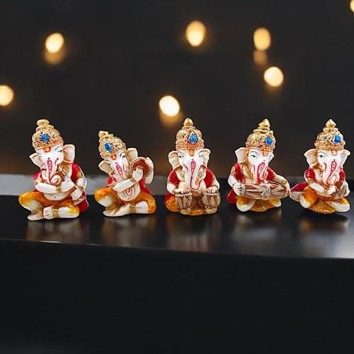 Karigaari India Musical Ganesha Idol Set of 5 Cute Ganeshji Showpiece for Car Dashboard Home Decor Spiritual Ganpati Murti Decorative Gift Item Dashboard Accessories Indian Festival