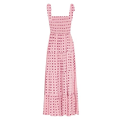 kinstell Women's Summer Boho Spaghetti Strap Square Neck Ruffle Casual Flowy Long Dress Beach Swing Party Maxi Dress Pink