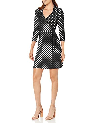 Star Vixen Women's 3/4 Sleeve Faux Wrap Dress with Collar, Black/White Dot, Medium