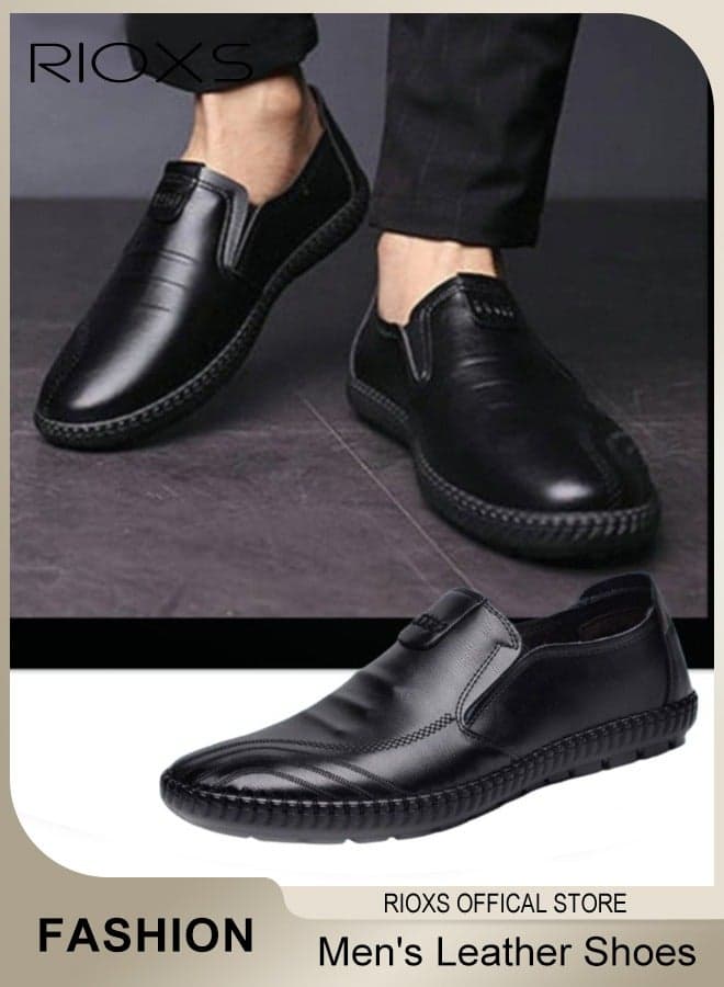 Men's Formal Shoes, Premium Genuine Leather Casual Slip-on Loafers, Round Toe Oxford Shoes Stylish Loafer for Men, Lightweight Walking Flats Comfortable Slip Ons, Penny Loafers Outdoor Boat Shoes, Classic Black Business Shoes, Fashion Loafers for Daily Wear and Formal Occasions
