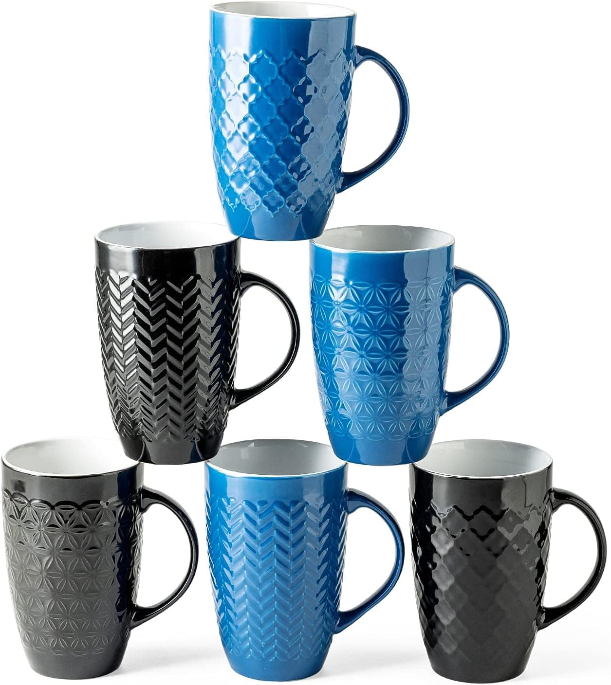 AmorArc Large Coffee Mugs Set of 6 16oz Ceramic Tall Coffee Mugs Set with Textured Geometric Patterns for LatteTeaBeerHot Cocoa Dishwasher Microwave Safe BlackBlue