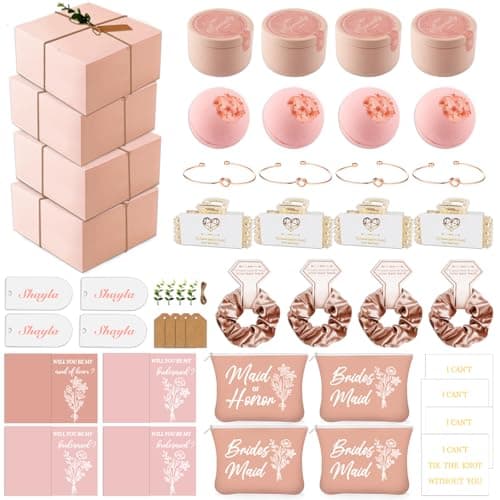 49pcs Bridesmaid Gifts Set Of 4 Pink, Maid of Honor Proposal Box Gift,Scented Candle Salt Ball Makeup Bag Rectangular Hair Clip Bridesmaids Scrunchies Knot Bracelet Bridal Shower Wedding Party