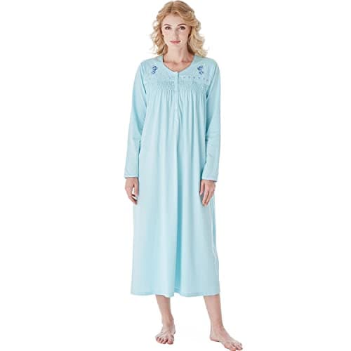 Keyocean Embroidered Nightgowns for Women, Soft Comfortable Lightweight 100% Cotton Long Sleeve Ladies Sleeping Gown, Turquoise Color, Medium