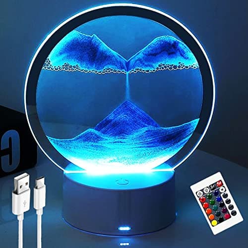 Desniltol 3D Moving Sand Art with Remote Control 360 Rotating Hourglass Lights RGB Color Changing Table LampSand Art Liquid Motion Colorful Creative Sea Glass Quicksand Painting Night LightBlue