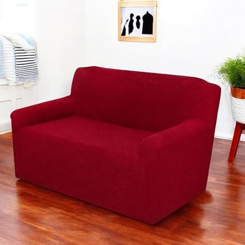 House of Quirk Universal Single Seater Jacquard Leaf Texture Fabric Sofa Cover Soft Touching Cover for Couch Flexible Stretch Sofa Slipcover (Wine, 90-140cm)