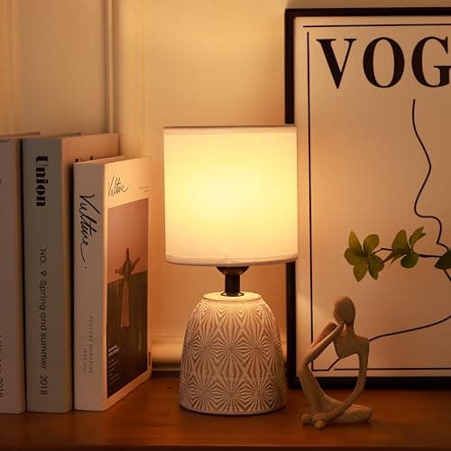 HOME ELEMENTS Ceramic LED Table Lamp, Modern Bedside Night Light, White Fabric Shade, Home Decor Items