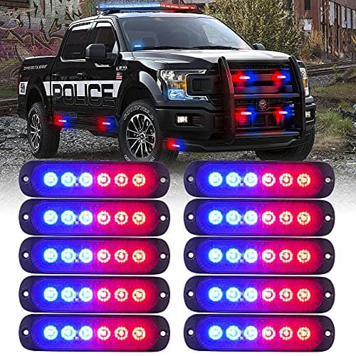 Xprite 10PCS LED Emergency Strobe Lights, Red Blue 12-LED Surface Mount Flashing Strobe Lights, Sync Feature Ultra Slim Grill Light for Volunteer Trucks ATV SUV Vehicles