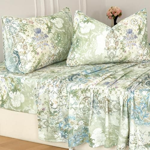 Zusbest King Size Sheets Luxury Sage Green Floral Bed Sheet Set 100 Cotton Satin Weave Soft Silky Breathable for Hot Sleepers American Country Style Vintage Flower Deep Pocket 175 Bed Set 4Pcs
