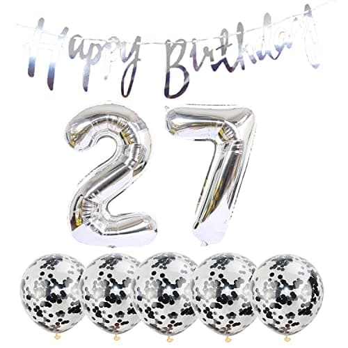 Chaungfu 27th Birthday Decoration Kit Silver 27th Birthday Banner Confetti Balloons Number 27 Balloons Latex Foil Balloons 8 Count UnisexAdults Kids Birthday Party Attendees