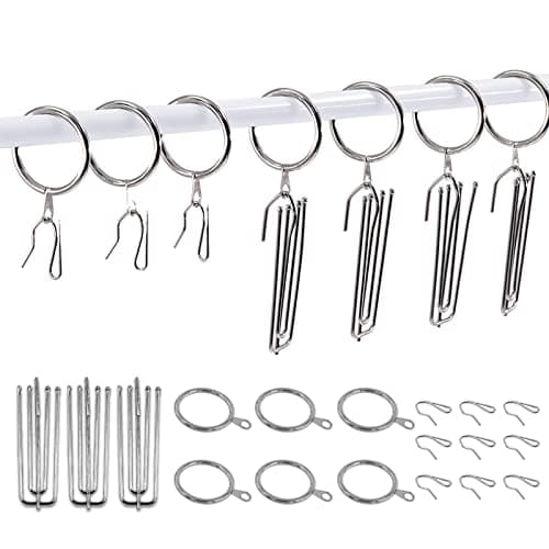 Swpeet 120Pcs Silver 1.18Inch - 30mm Metal Drapery Curtain Rings Curtain Hanging Rings and Stainless Steel 4 Prongs Pinch Pleat Hook with Drapery Curtain Pin-on Hooks Pins for 19mm-25mm Curtain Rods