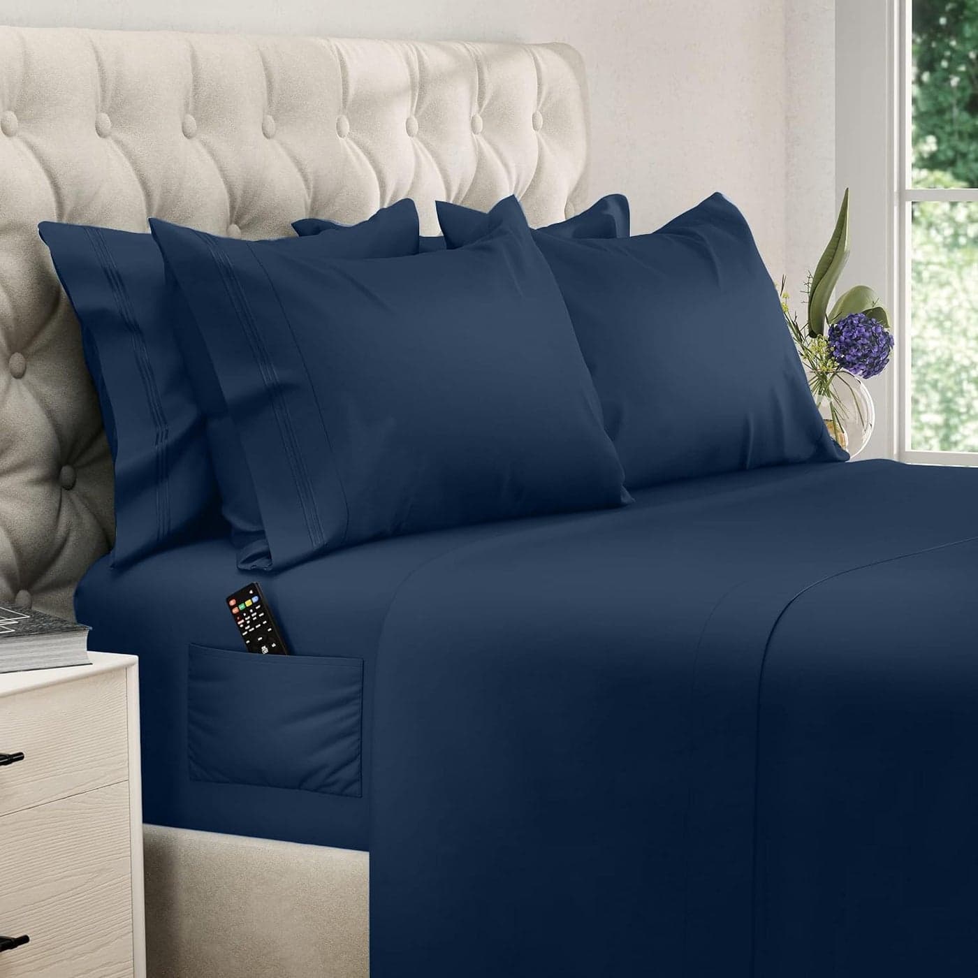 DREAMCARE Sheets Full Size Bed Cooling Bed Sheets 6pcs Set Full Sheet Set Full Size Sheets Full Size Sheet Sets Soft Long Lasting 100 Fine Brushed Polyester with Side Pocket Navy Blue