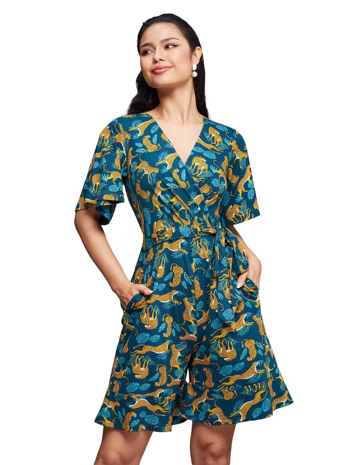 Miss Chase Women's V-Neck Half Sleeve Animal Patterned Wrap Styled Pure Cotton Knee Long Playsuit with Pockets (MCSS24D19-12-306-03, Teal, S)