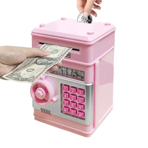 Cargooy Mini ATM Piggy Bank ATM Machine Best Gift for KidsElectronic Code Piggy Bank Money Counter Safe Box Coin Bank for Boys Girls Password Lock Case Light Pink