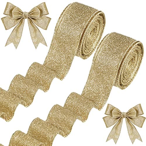 Juinte 20 Yards Christmas Wired Glitter Metallic Ribbon Thick 15 Inch Champagne Gold Gift Wrapping Tree Decor Wreath Garland Party DIY Crafts Decorations