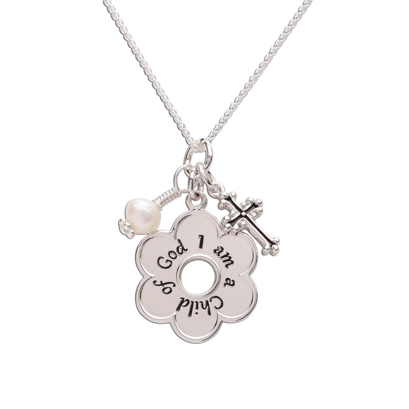Precious Pieces Sterling Silver First Communion "I am a Child of God" Necklace with Cross Baptism Gift Girls, 14"