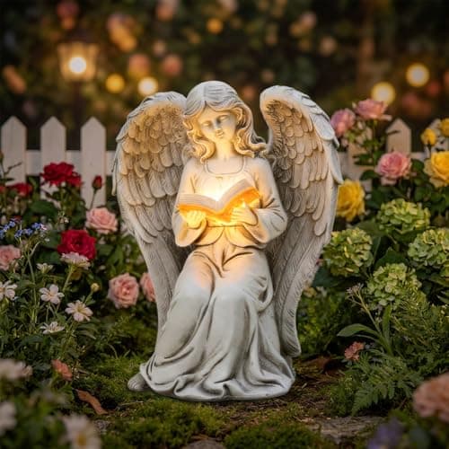 Ovewios Angel Statue Outdoor Decor Elegant Angel Garden Statues Reading Book with Solar LED Lights Yard Decorations Lawn Ornaments Figurines Resin Sculpture for Outside Angel Gardening Gifts