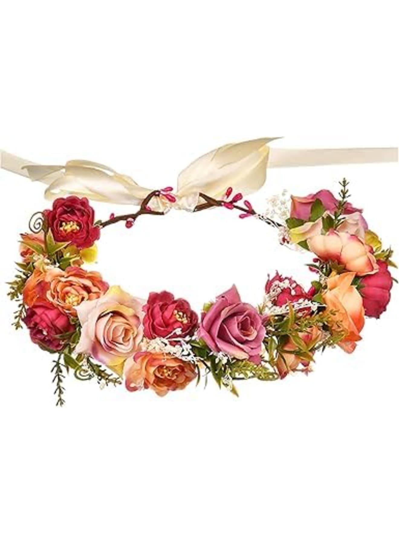 Floral Crown for Women, Flower Headband Floral Headpiece Halo, Rose Garland Hair Wreath with Adjustable Ribbon for Wedding, Graduation, Festival, Party & Photos