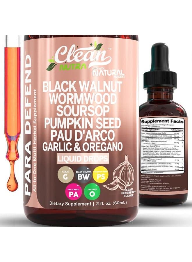 para Defend Wormwood Black Walnut Cleanse for Humans Drops Liquid Soursop Garlic Pumpkin Seed PAU D'Arco Oil of Oregano Turmeric Berberine Neem Extract Hull Bark Tincture by Clean Nutra