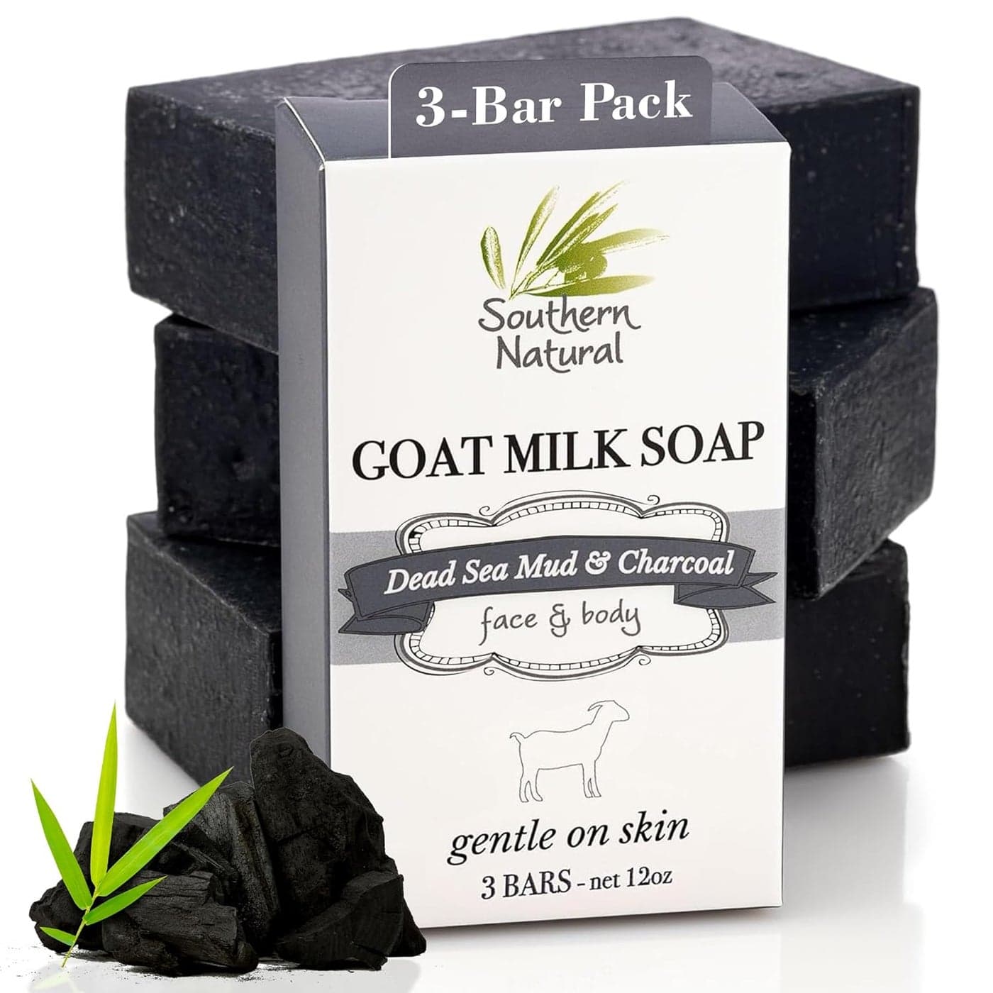 Southern Natural Activated Charcoal Soap Bar 3 Pack Face and Body Soap For Sensitive Skin With Dead Sea Mud Goat Milk Peppermint Essential Oil