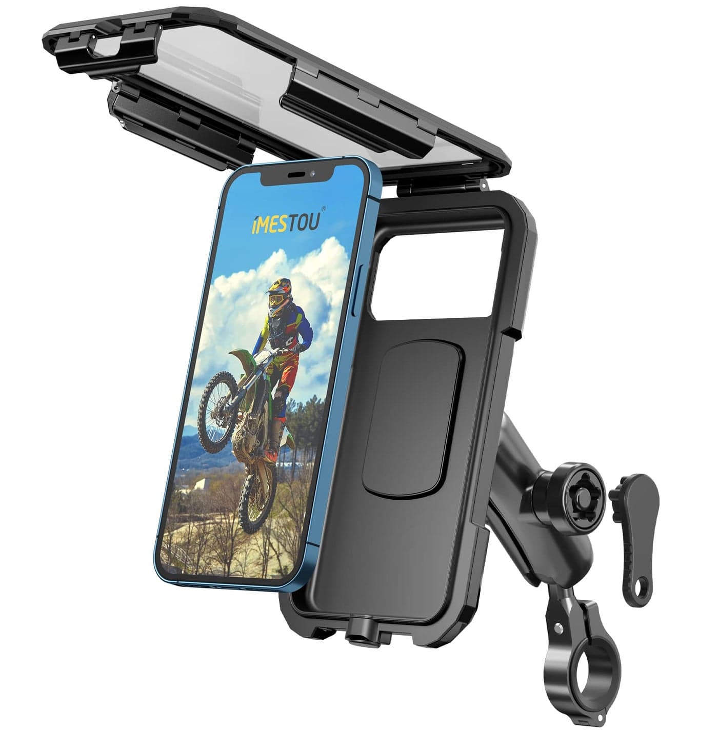 iMESTOU AntiTheft Waterproof Motorcycle Phone Holder Bike Phone Mount 1 Ball Handlebar Stem Mobile Holder with Double Socket Arms 720 Rotation Aluminium Base for 5568 Cellphones L