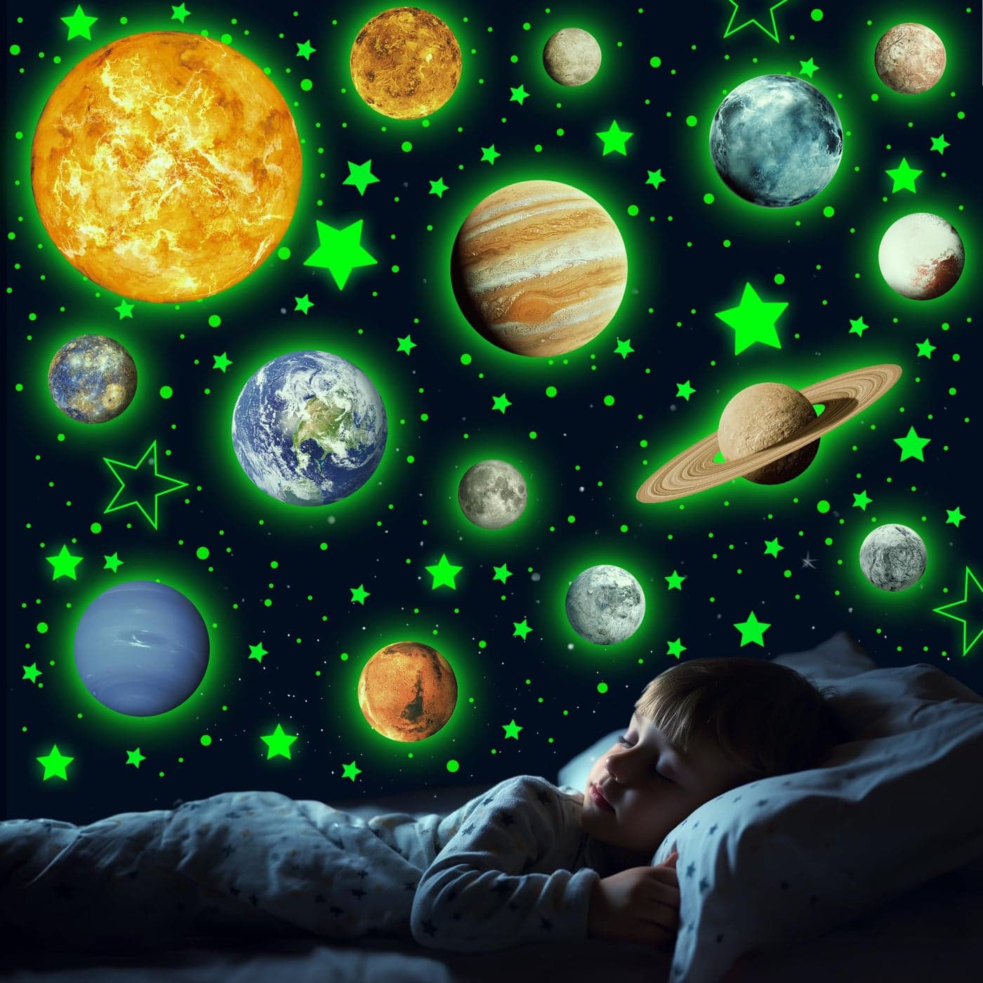 Solar System Wall Decals Glow in The Dark Stars 780 PCS Glowing Planets Stickers for Ceiling Nursery Wall Stickers for Bedroom Kids Room Decorations Green