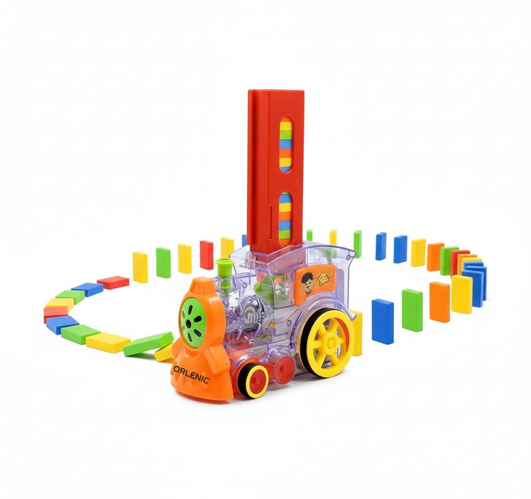 Orlenic 120 Pcs Domino Train Toy Set with Lights and Sounds, Automatic Laying Domino Rally Train Model, Construction and Stacking Educational Toys for Kids, Interactive STEM Building Game, Ages 3+