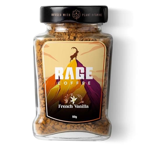 RAGE COFFEE Instant Coffee French Vanilla With 100% Arabica Beans Infused With Plant Based Vitamins| Hot & Cold Coffee | Strong Aroma With Rich Taste - Bottle, 50 Gram