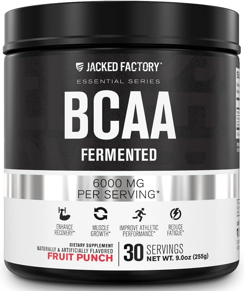 Jacked Factory BCAA Powder Fermented 6g Branched Chain Essential Amino Acid Supplement for Improved Muscle Recovery Reduced Fatigue Increased Strength Muscle Growth 30 Servings Fruit Punch
