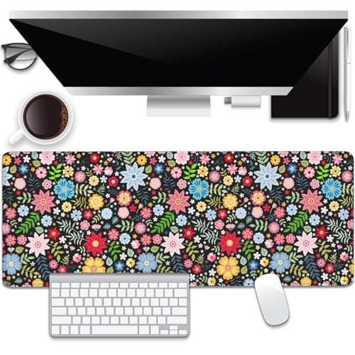 Colorful Flowers Desk Pad Mouse Pad,Large XL Floral Mouse Mat with Stitched Edges,Non-Slip Rubber Base Mousepad for Office PC Keyboard Laptop and Home Work Desk Mat(31.5X11.8 in)