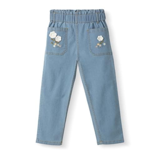 Nautinati Girls' Crochet Flowers Cotton Denim Jeans with Patch Pockets
