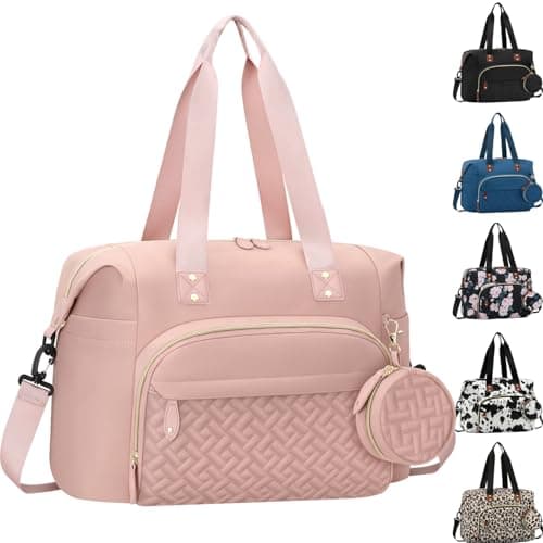Tenot Diaper Bag Tote, Baby Bag Travel Diaper Tote Bag with Pacifier Case, Cute Maternity Hospital Baby Stylish Diaper Tote for Mom Dad Medium Size, Pink