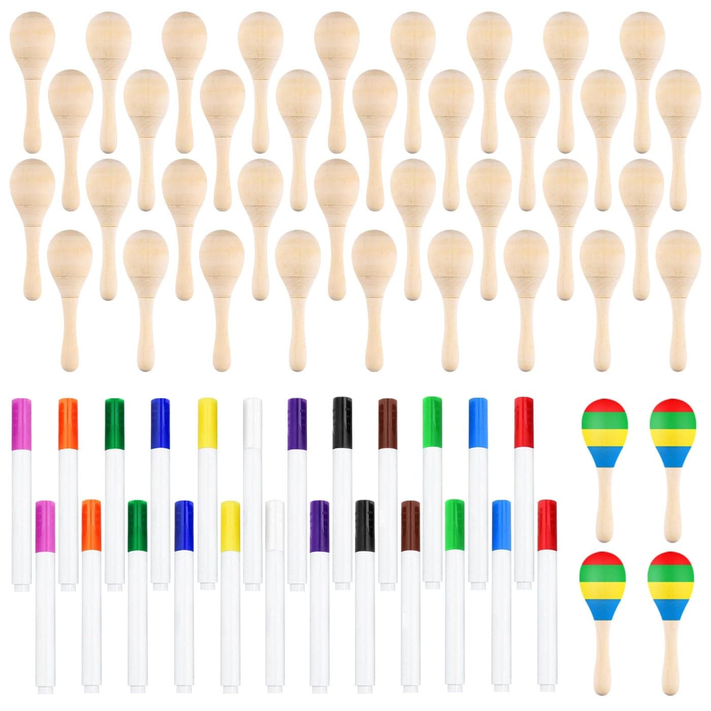 BOUBONI 40Pcs DIY Wooden Maracas for Kids Mini Maracas for Mexican Fiesta Party Favors with 24Pcs Multicolor Pens Cinco De Mayo Party Supplies