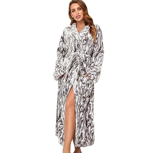 RONGTAI Fleece Robes for Women Plush Soft Warm Long Bathrobe with Pockets (Medium,Gray Rabbit)