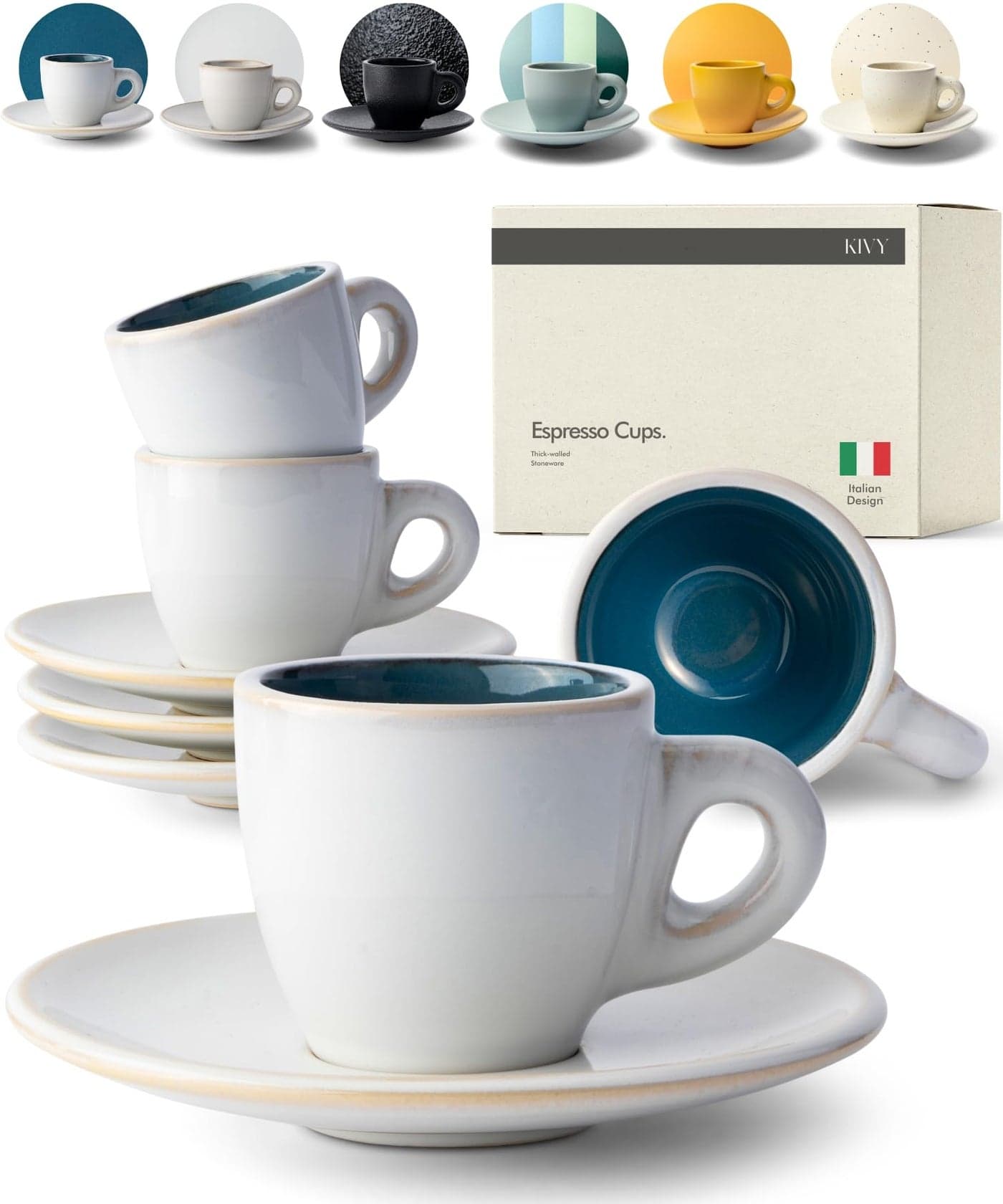 KIVY 3 oz Espresso Cup Set of 4 Thick Walled Stoneware Espresso Cups and Saucers Italian Style Expresso Shots Cup and Saucers Blue
