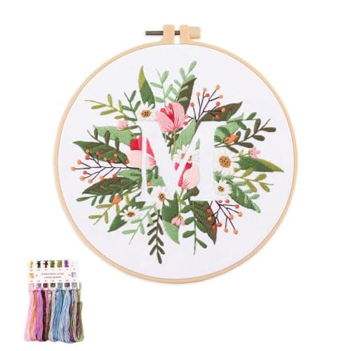 artcici Embroidery Kits Plant Flower Leaf English Letter Patterns for Beginners Adults Full Range Embroidery Starter Kits Cross Stitch Needlework Supplies Letter M