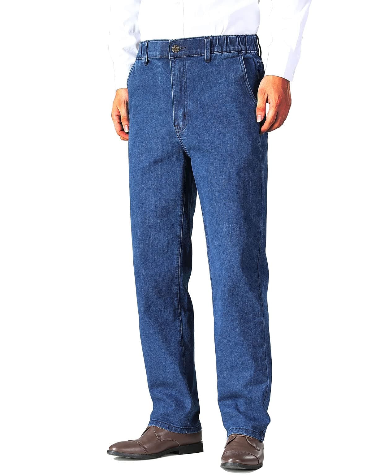 Soojun Mens Elastic Waist Jeans Relaxed Fit with Zipper and Button, Blue, 34W x 30L