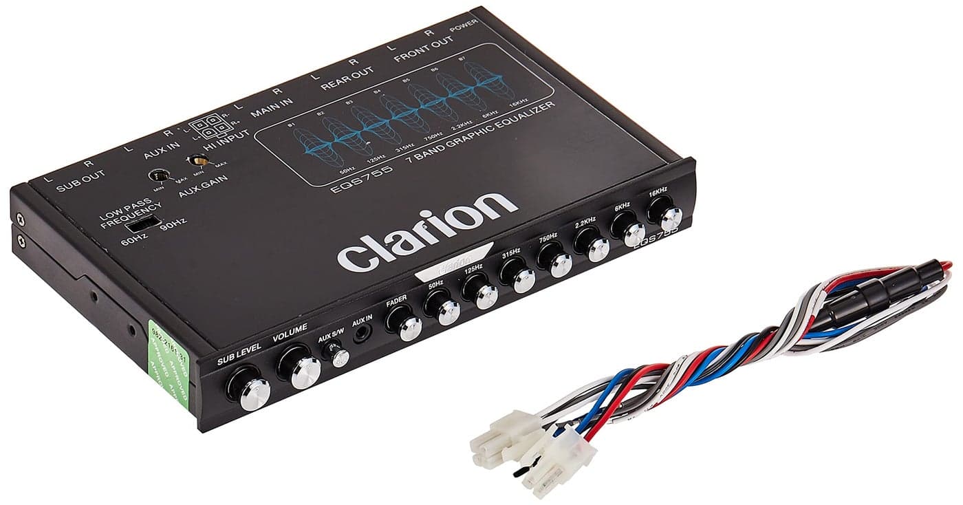 Clarion EQS755 7Band Car Audio Graphic Equalizer with Front 35mm Auxiliary Input Rear RCA Auxiliary Input and High Level Speaker Inputs BLACK