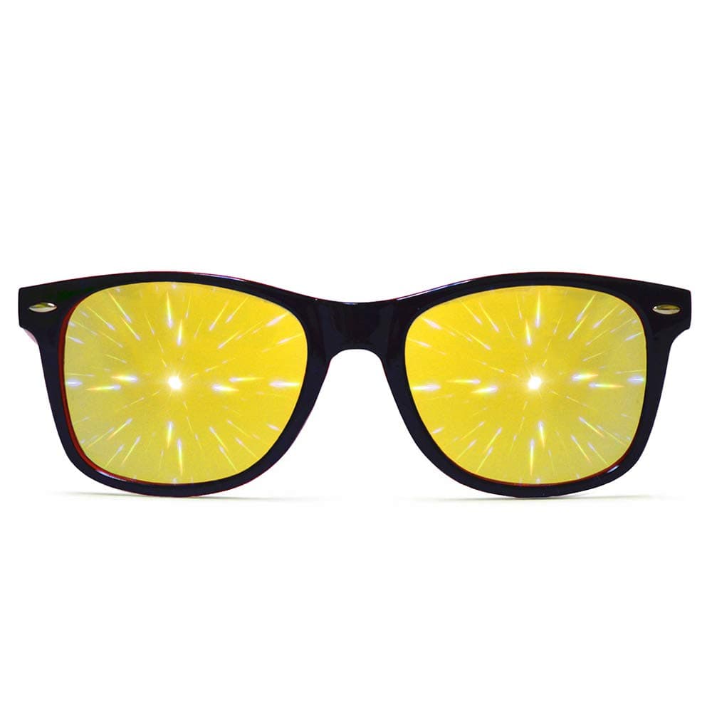 GloFX Ultimate Diffraction Glasses | 3D Prism Rainbow Effect | Great Edm, Concert, and Rave Accessory | Red and Black Frame with Gold Mirror Firework Lenses