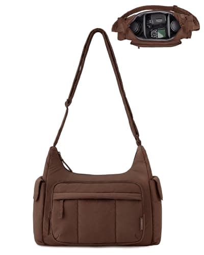 BAGSMART 2 in 1 Puffy Camera Sling Bag for Photographer, Everyday Shoulder Crossbody Bag with Pockets Digital Camera Case for DSLR/Mirrorless, Coffee Brown