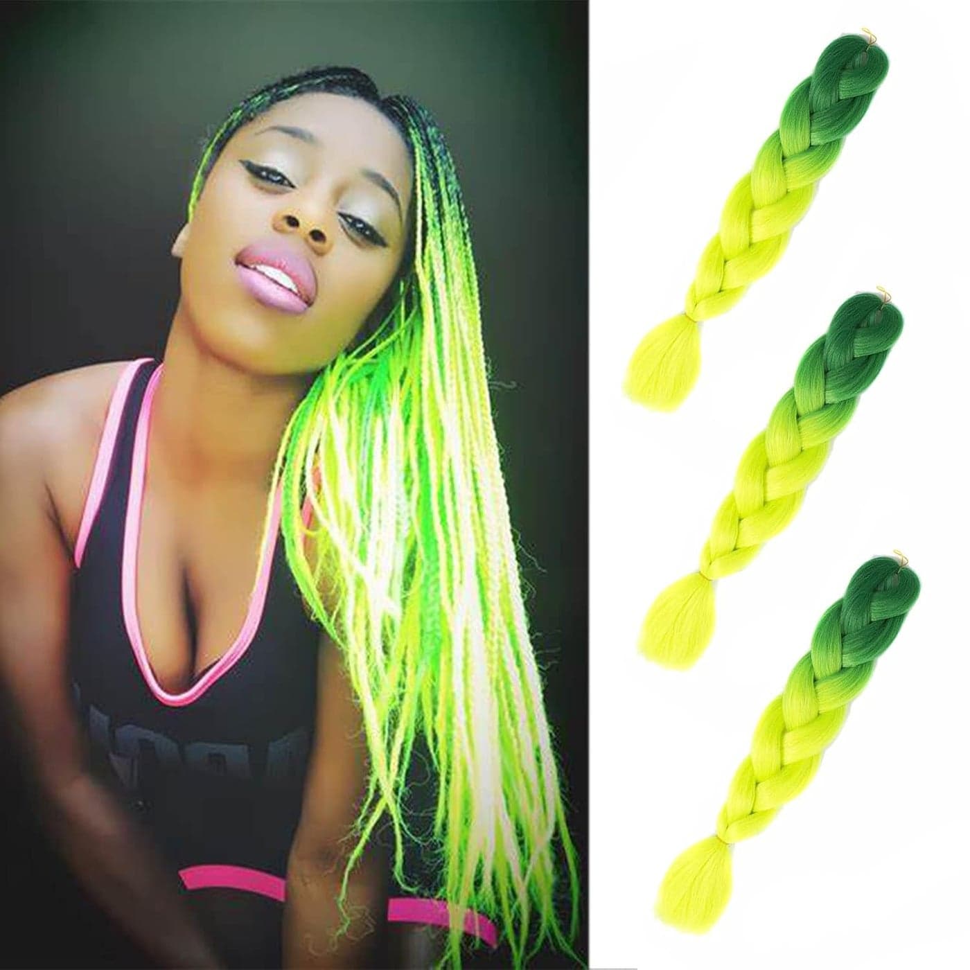 Braiding Hair Ombre Green 2 Tone Color High Temperature Synthetic Hair Jumbo Braiding Hair Extensions for Twist Braids Crochet Hair GreenFluorescent Green 24 3PCS