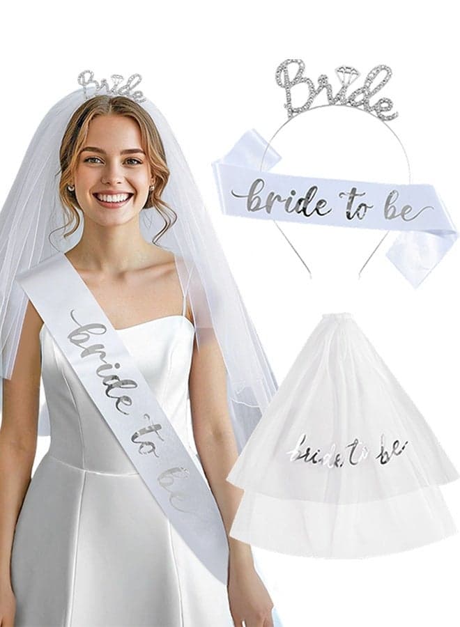 3 Pack Silver Bride to Be Sash, Bridal Veil & Tiara Headband Set, Wedding Bridal Accessories for Women, Ideal for Bridal Shower & Bachelorette Party Decorations & Favors