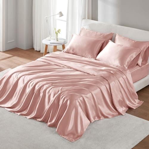 Madison Park - MPE20-774 Satin Wrinkle-Free Luxurious and Silky with 16" Deep Pocket 6 Piece Durable Sheet Set, King, Blush