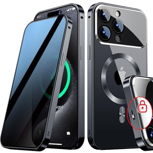 Full Camera Protection Mechanical LockMagnetic Privacy Case for iPhone 15 Pro MaxCompatible with MagSafeCD Metal Ring Full Body Shockproof Metal Bumper 9H Anti Peeping Glass CoverBlack