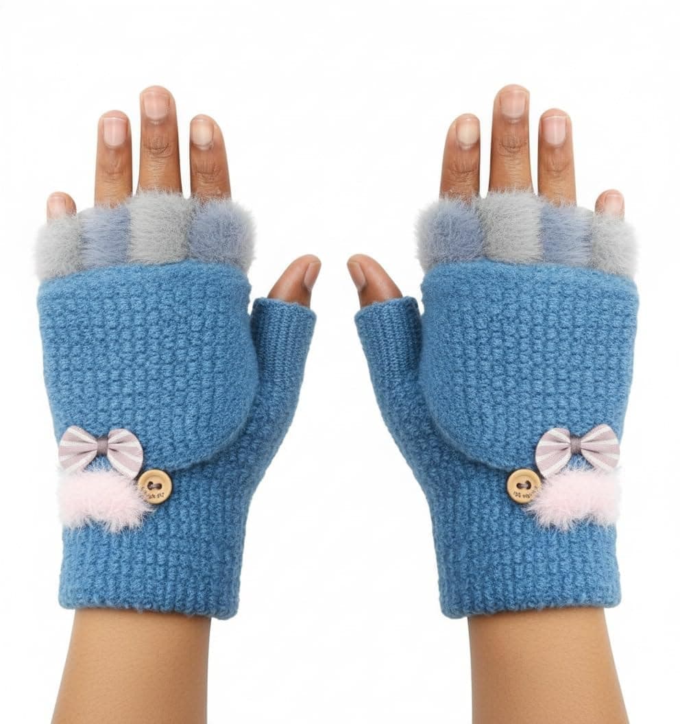 FabSeasons Acrylic warm Woolen Winter Fingerless knit cold weather fleece wool Gloves for Boys & Girls, fits for 10-15 years (1-blue)