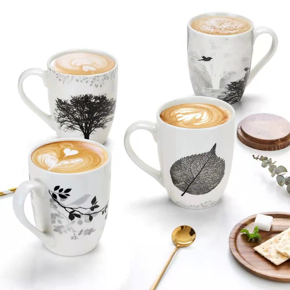 MACHUMA Set of 4 Coffee Mug Sets 12 OZ Ceramic Coffee Mugs Set with Different Tree Patterns Coffee Cup