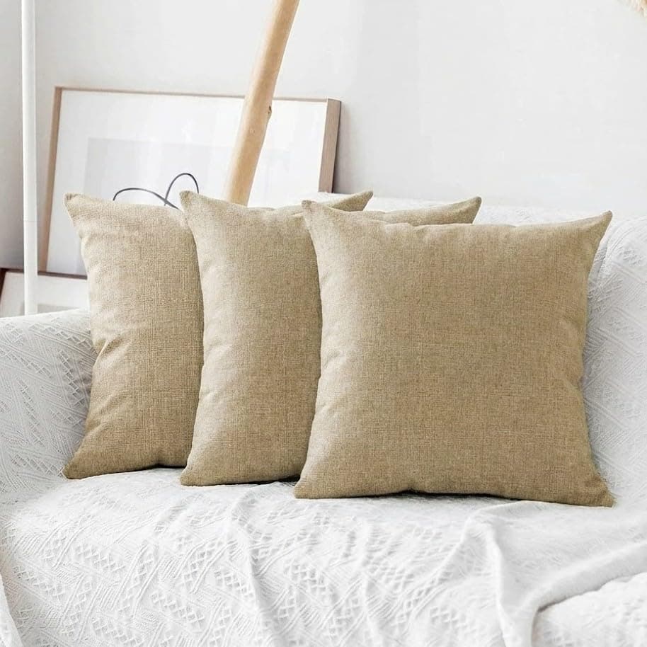 Khooti Jute Cushion Cover | 24x24 | Natural Linen | Set of 3 | Throw Pillow Cover for Couches, Chairs, Sofas, Beds, Coffee Tables, Living Rooms, Bedrooms, Modern Boho Design