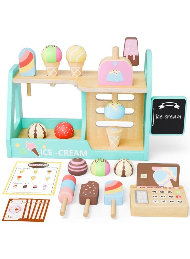 Ice Cream Toy for Children Kitchen Toy and Montessori Games for 2 to 5 Years Old Ice Cream Cart Toy with Food Menu and Play Money Educational Role Play Game Gift for Girls and Boys Learning Toy