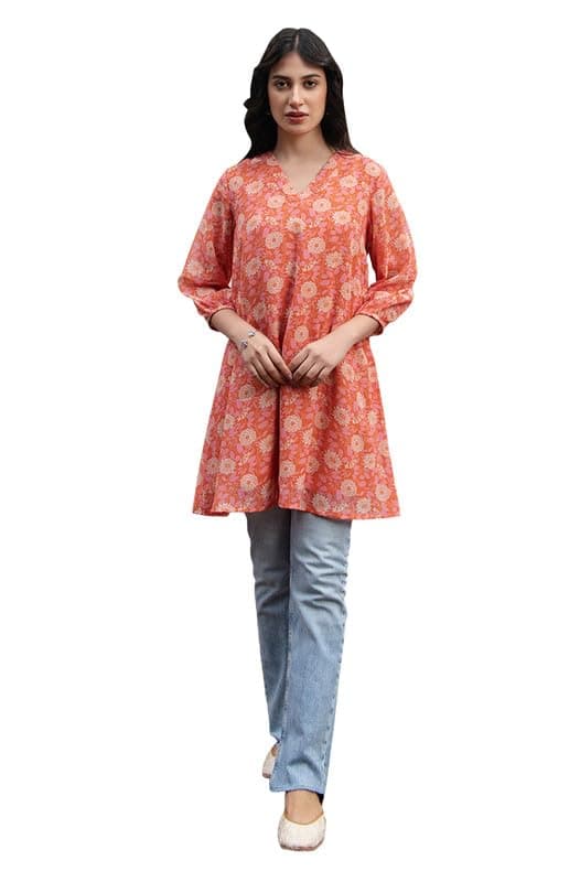 Janasya Women's Orange Georgette Floral Regular Tunic(JAA24TU00334-XS)
