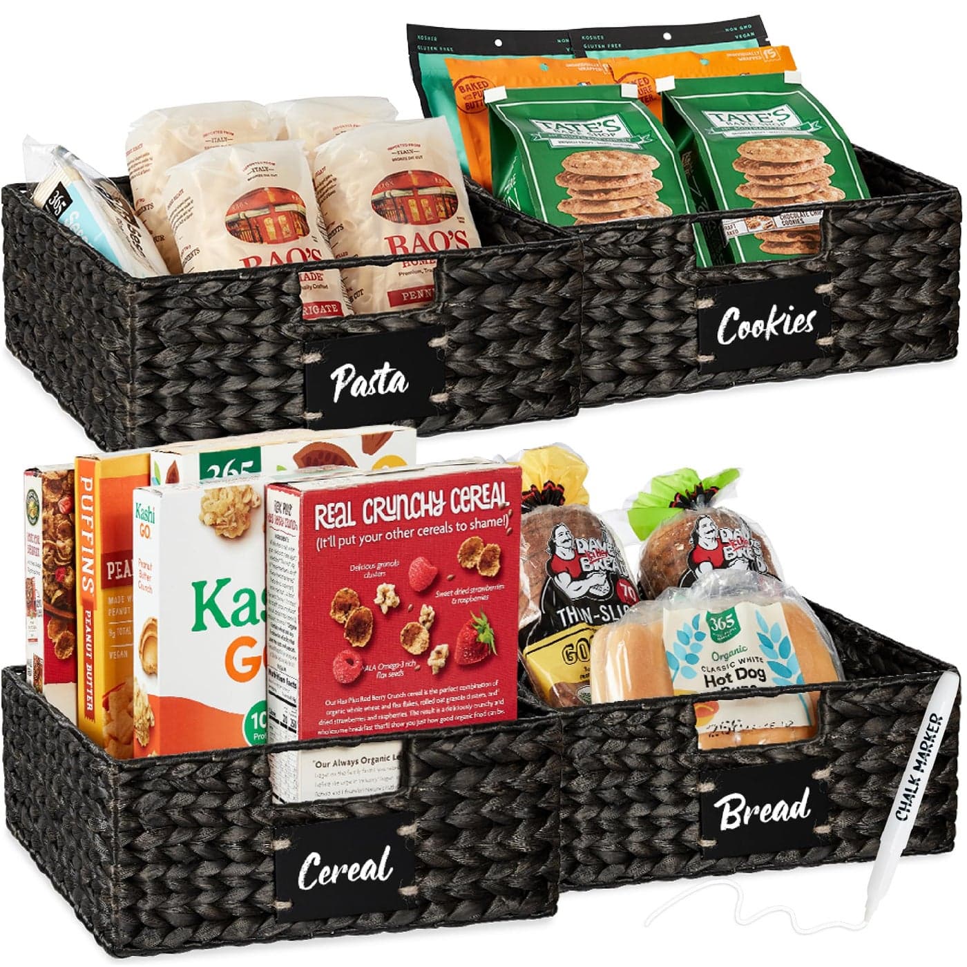 Best Choice Products Set of 4 13x12in Water Hyacinth Pantry Baskets Woven Organizers wChalkboard Label Chalk Marker Black