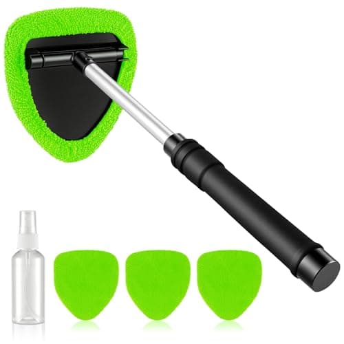JUSTTOP Windshield Cleaner Tool, Car Interior&Exterior Window Cleaning Tool with Extendable Handle & 4 Reusable Microfiber Pads, Auto Glass Wiper Brush Kit for Cars (Green)